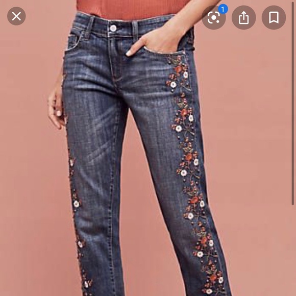Pilcro hyphen mid rise embroidered jeans. - Picture 2 of 6